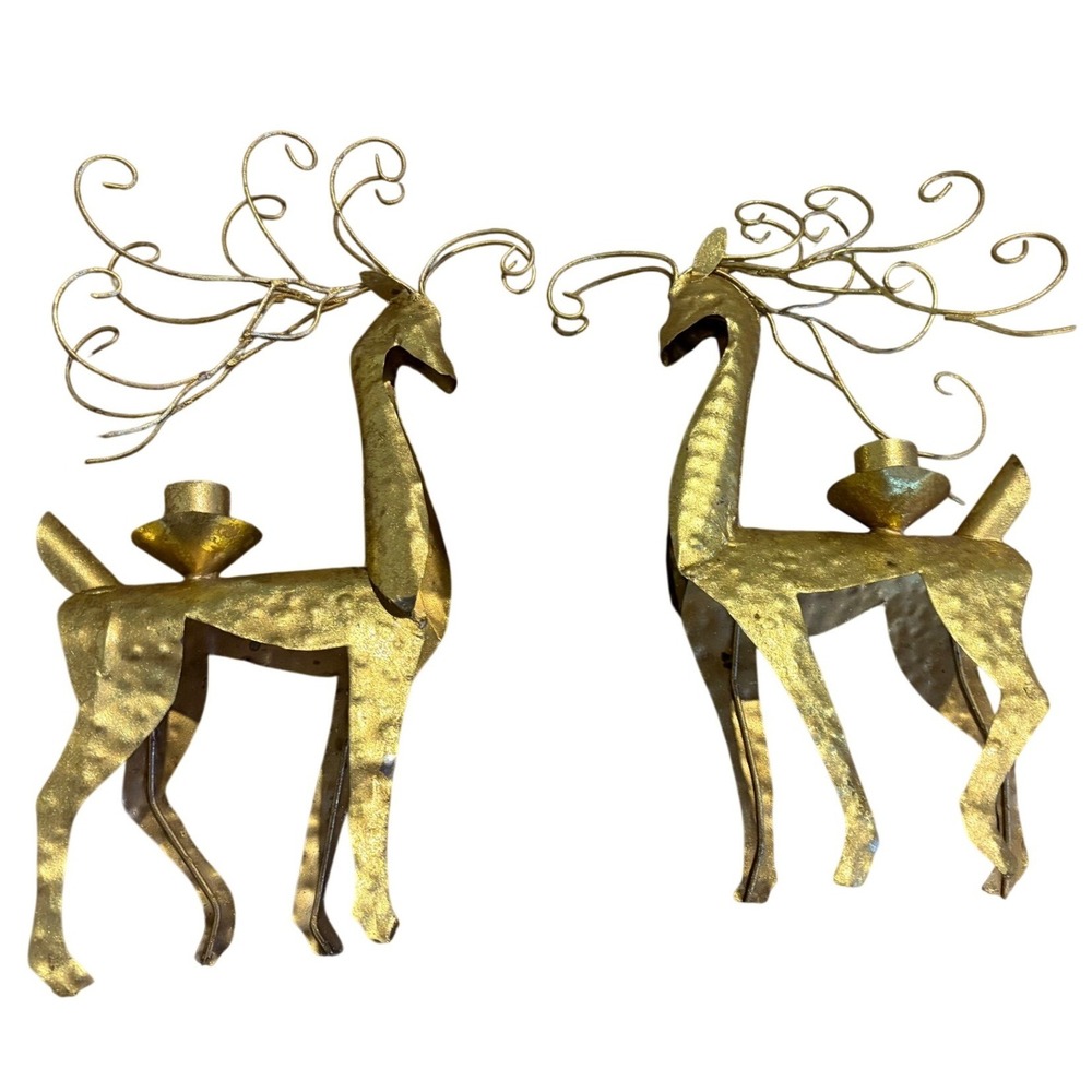 Vintage Gold Metal Reindeer Candle Holders Set of 2 Christmas Decor 12"